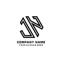 JN initial letters, hexagon logo minimalist art lines, black color