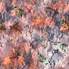 Seamless watercolor background with, flowers, paint splash. Watercolor card with a picture of dragonfly, flower branch, poppy, peony, sheet,floral pattern. Tropical background.Flower fragrance