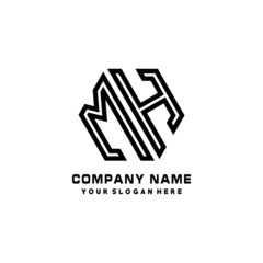 MH initial letters, hexagon logo minimalist art lines, black color