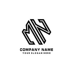 MN initial letters, hexagon logo minimalist art lines, black color
