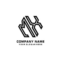 MX initial letters, hexagon logo minimalist art lines, black color