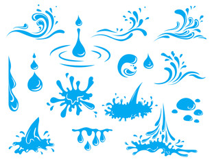 Water And Drop Icons Set - Blue waves and water splashes set, wavy symbols of nature in motion vector Illustrations.