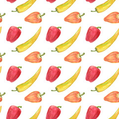 watercolor pattern of different bright peppers. Great for packaging design, textiles and printing
