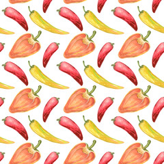 watercolor pattern of different bright peppers. Great for packaging design, textiles and printing