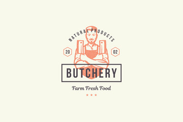 Hand drawn logo male butcher holding knifes silhouette and modern vintage typography retro style vector illustration.