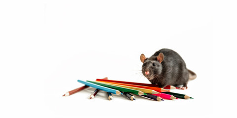 black rat stands near colored pencils on a white background as a young artist from the magazine cover