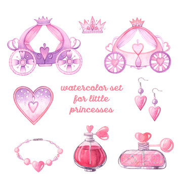 Set of watercolor elements for little princesses. Consisting of cartoon carriages, perfumes, earrings, crowns, hearts and necklaces. Great for packaging design and printing