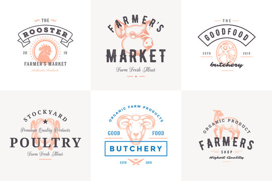 Engraving logos and labels farm animals with modern vintage typography hand drawn style set vector illustration.