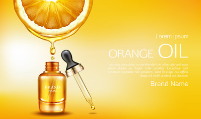 Orange oil cosmetics bottle with pipette ad banner. Vitamin organic anti aging serum, fruit acid product package mockup background. Natural eco skin care cosmetic. Realistic 3d vector illustration