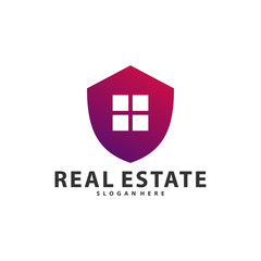 Shield with Building Idea logo template, Modern City with Shield logo designs concept, Real Estate logo Vector Illustration