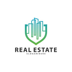Shield with Building Idea logo template, Modern City with Shield logo designs concept, Real Estate logo Vector Illustration