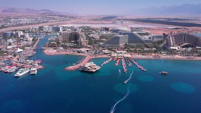 Aerial footage of Hotels Marina and boats in the desert Aerial Drone footage of Hotels and Marina in Eiltat city 