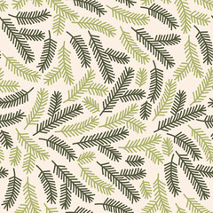 Vector seamless christmas texture pattern in green and beige. Simple doodle tree branch made into repeat. Great for background, wallpaper, wrapping paper, packaging.