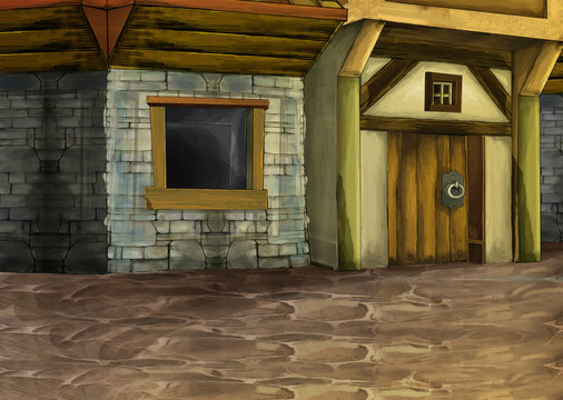 cartoon summer scene farm village house - nobody on the scene - illustration for children