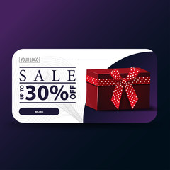 Sale, up to 30% off, modern white and purple banner with gift box
