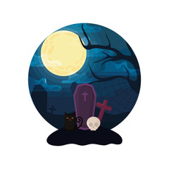 wood coffin with christian cross on halloween scene