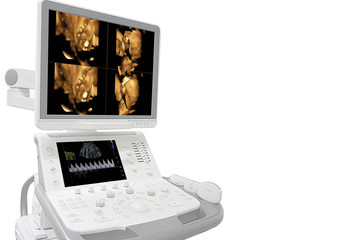 Medical ultrasound machine with linear probes in a hospital diagnostic room. Modern medical...
