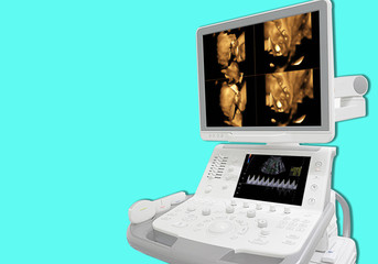 Medical ultrasound machine with linear probes in a hospital diagnostic room. Modern medical...