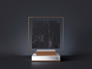 3d rendering of white pedestal steps isolated on black, square marble background, memorial board, art deco geometric frame, abstract minimal concept, blank space, clean design, minimal fashion mockup