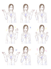 白衣を着た若い女性の表情セット