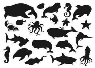 Sea animals and fish silhouettes