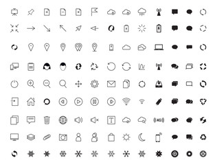 Vector collection of universal black flat icons for web, technology, communication, connectivity, music, media, finance, environment and  more.