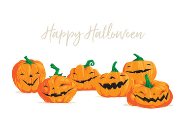 Happy halloween cartoon style greeting postcard with pumpkins. Vector illustration