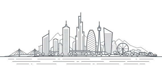 Futuristic cityscape thin line art illustration. Outline future city panorama. Abstract town landscape. Urban skyline with downtown skyscrapers, office buildings, park. Modern architectural exterior