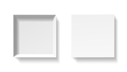 Open square pack box. Empty cardboard container template. 3d top view illustration with transporented shadow isolated on white. Blank space inside pakage mockup. Closeup realistic vector object.