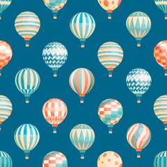 Hot air balloons vector seamless pattern. Flying aircrafts on blue background. Airships with stripes and circles ornaments. Aerostat transport in flight wrapping paper, wallpaper textile design.