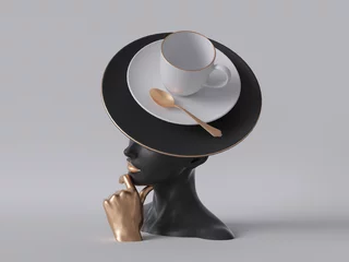 3D-Rendering, schwarzer Mannequin-Frauenkopf isoliert auf weißem Hintergrund, goldene Hand, Dame mit ungewöhnlichem Hut, Kaffeetasse und goldenem Löffel, Modekonzept, weibliche Körperteile, sauberes, minimalistisches Design © wacomka