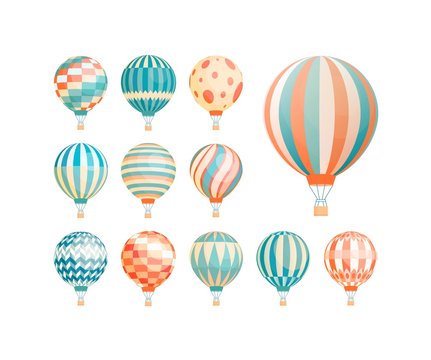 Hot air balloons flat vector illustrations set. Colorful vintage aerial vehicles for flights isolated on white background. Ornate sky ballons, airships with baskets design elements collection.