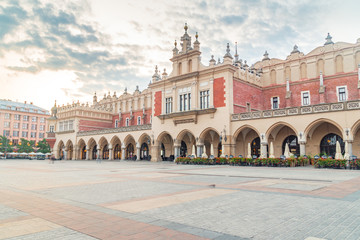 The Renaissance Cloth Hall (Sukiennice) in Main Market Square at sunrise in Krakow, Poland.