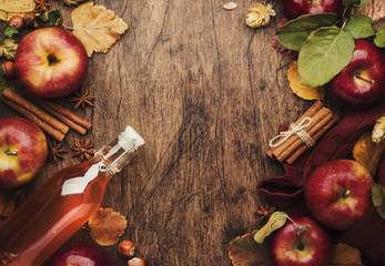 Apple cider vinegar. Bottle of fresh apple organic vinegar on wooden table background with cinnamon...