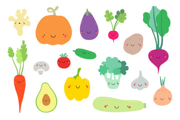 Beautiful cute vector set of Vegetables and Mushrooms - tomato, potato, cucumber, carrot, pumpkin, avocado, pepper, beet, cabbage and other tasty greens.Hand drawn Smiley characters about healthy food