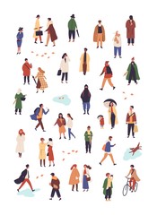 People in autumn apparel flat vector characters set. Young women and men wearing warm trendy fall season clothing. Multicultural guys and girls walking, communicating simple characters collection.