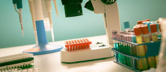 Laboratory of genetic research. PCR plates and multichannel pipettes