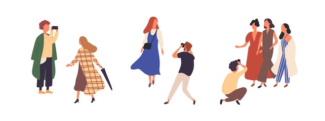 People in autumn fashionable clothes flat vector illustrations set. Stylish models outdoor photoset isolated design elements on white background. Fashion magazine photographer characters.