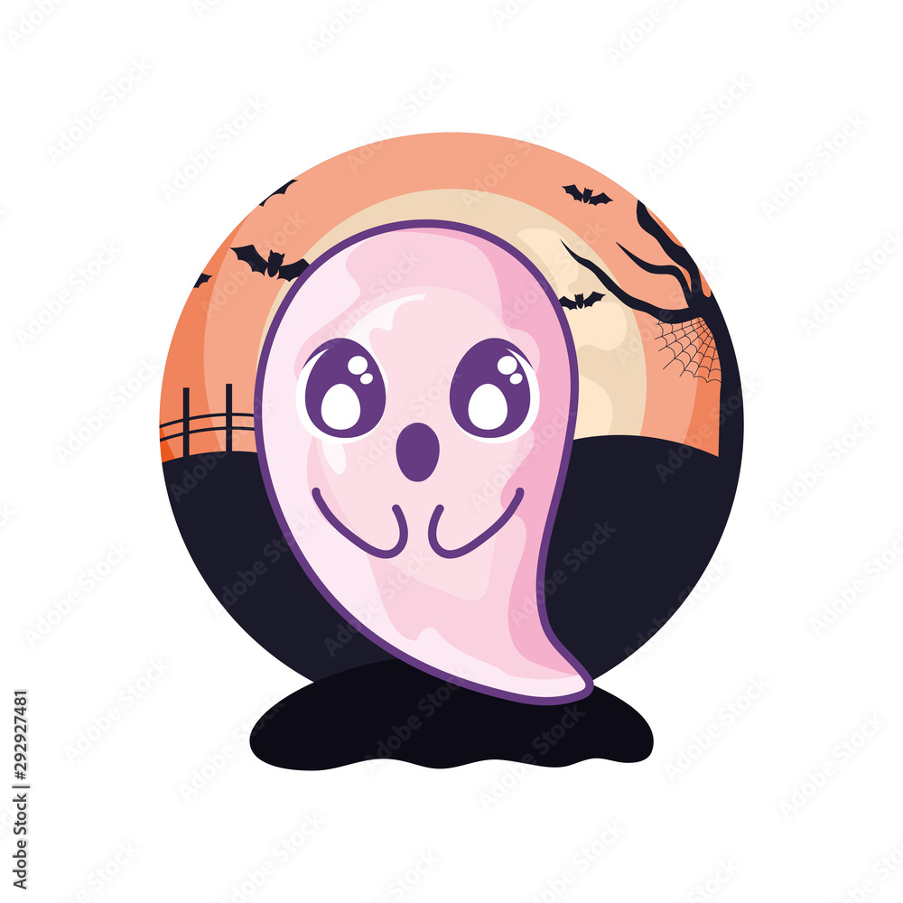 Sticker funny halloween ghost on halloween scene