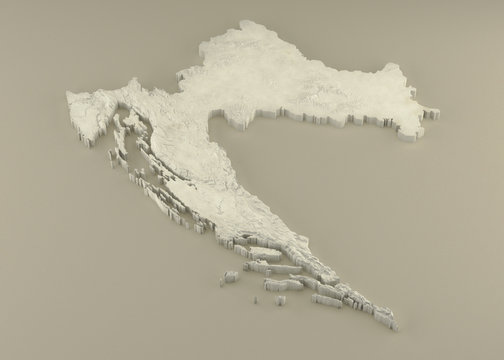 Extruded 3D political Map of Croatia with relief as marble sculpture on a light beige background