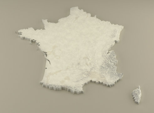 Extruded 3D political Map of France with relief as marble sculpture on a light beige background