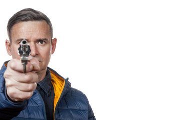 Man aiming handgun isolated on white background