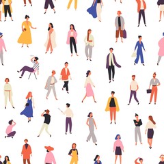 Fototapeta na wymiar People in fashionable clothes flat vector seamless pattern. Models outdoor photoshoot background, backdrop. Fashion photographer and stylish women characters wrapping paper, textile, wallpaper design.