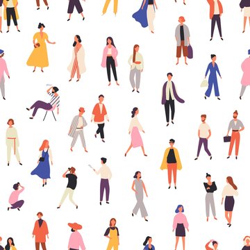 People in fashionable clothes flat vector seamless pattern. Models outdoor photoshoot background, backdrop. Fashion photographer and stylish women characters wrapping paper, textile, wallpaper design.