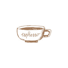 Hand drawn vintage coffee and cup vector illustration. A cup of coffee or espresso. Pencil drawn in vintage engraving style. Isolated on a white background.