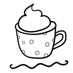 Coffee with foam in a polka dot mug. Coloring page, Coloring book. Contour. Doodle illustration. Symbol of celebration and comfort. New Year's and Christmas. Cozy Home. - Vector.