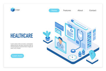 Fototapeta na wymiar Medicine and healthcare isometric landing page vector template. Online medical consultation website design layout. Telemedicine web page 3d concept. Online doctor appointment webpage interface