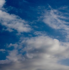 The white clouds in the blue sky.