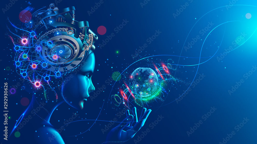 Poster Artificial intelligence in image of cyborg girl with electronic brain. Neural network trained using a virtual hud interface. Machine learning technology concept. Sci-Fi cybernetic robot with AI.
