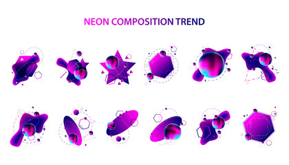 Set modern geometric space lines retro neon volume abstract set violet banner trend art hipster style white background